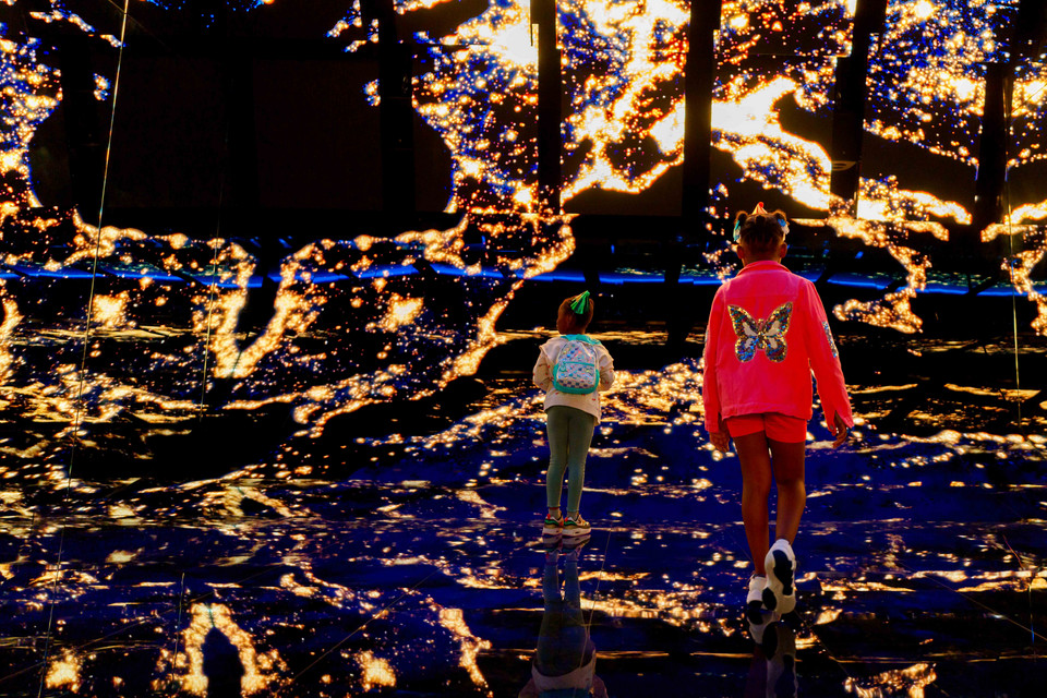 Two young girls walking away from viewer toward a colorful floor-to-ceiling digital display in The Blue Paradox