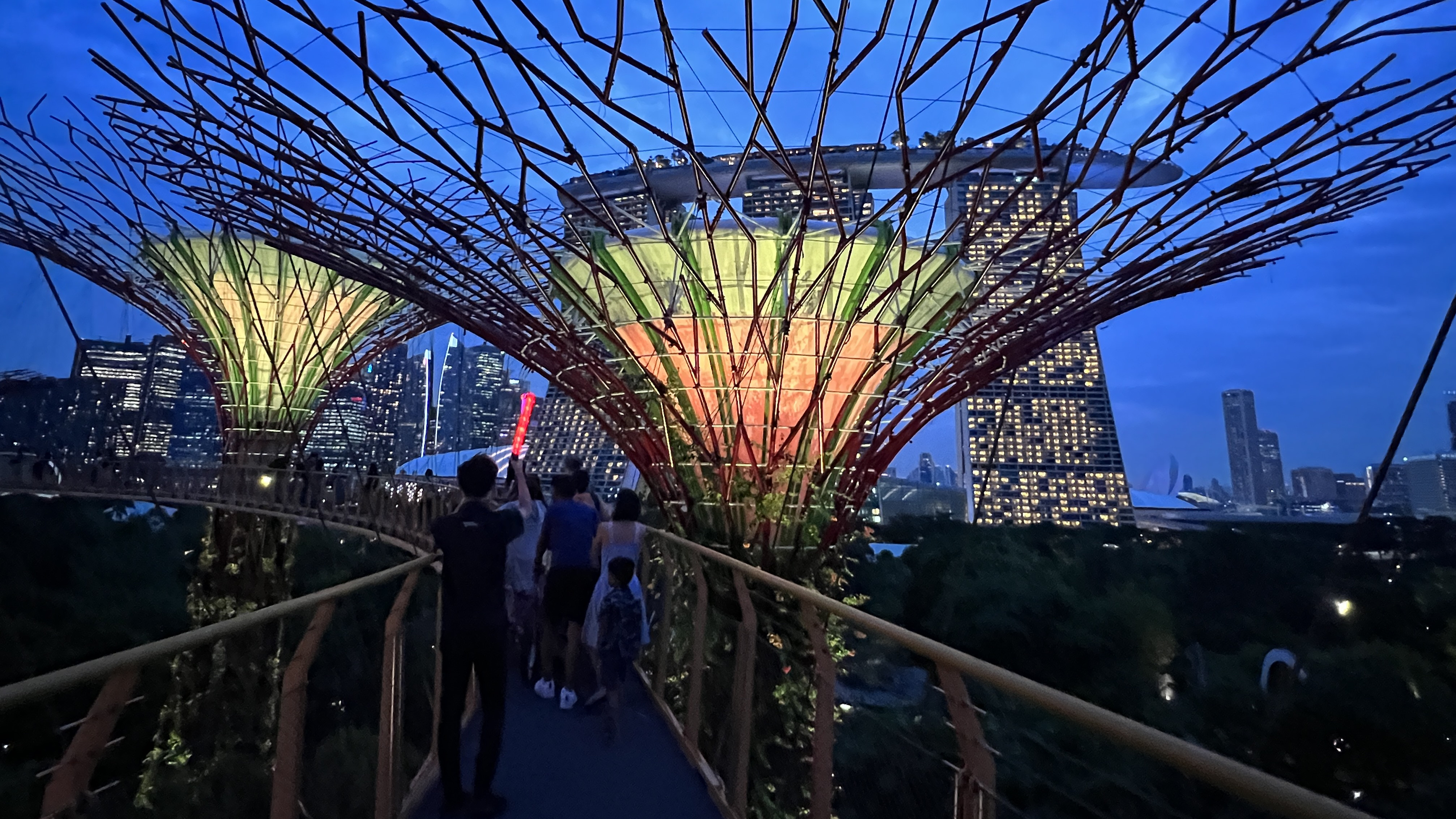 Pedestrians on an elevated walkway view a nighttime Singapore skyline 