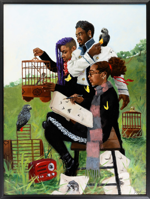 The Drawing Party by Jerry Jordan, a panting depicting what looks like a family with birds and a little girl drawing.